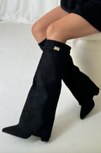 Knee High Boots with Pointed Toe & Straight Shaft – Suede & Leather