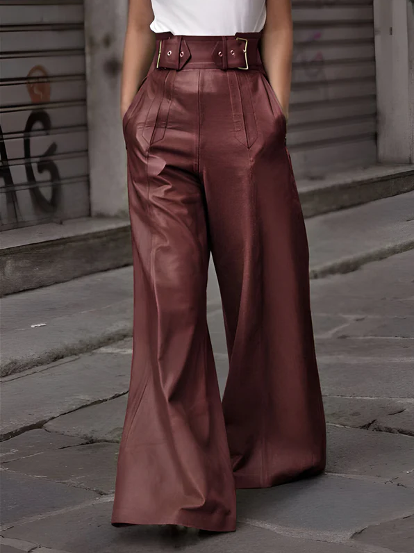 Women's High-Waisted Leather-Look Wide-Leg Trousers – Structured Belted Full-Length Style for Streetwear Smart Casual Outfits and Evening Plans