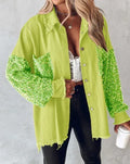 Women's Sequin Embellished Overshirt Jacket with Statement Long Sleeves
