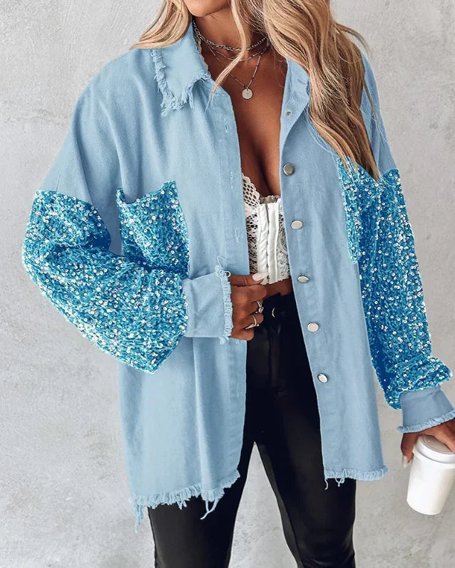 Women's Sequin Embellished Overshirt Jacket with Statement Long Sleeves