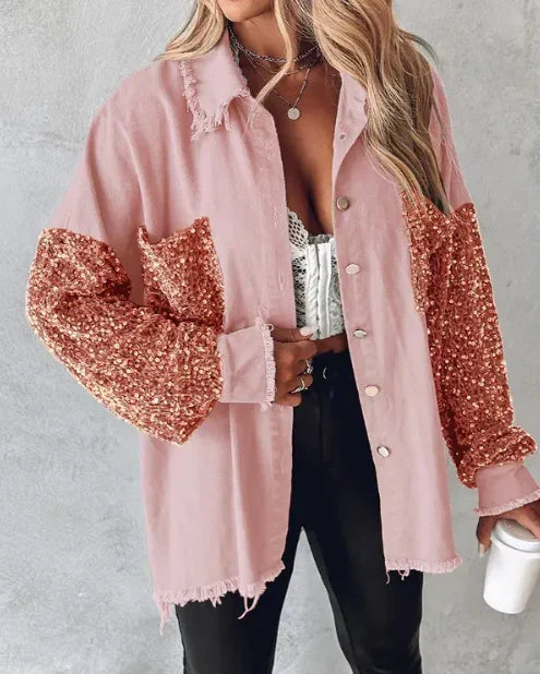 Women's Sequin Embellished Overshirt Jacket with Statement Long Sleeves