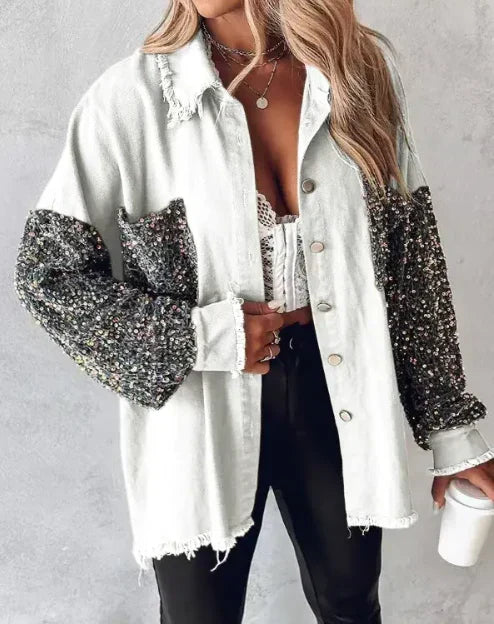 Women's Sequin Embellished Overshirt Jacket with Statement Long Sleeves