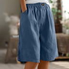 High-Waist Wide-Leg Linen-Blend Bermuda Shorts with Pockets