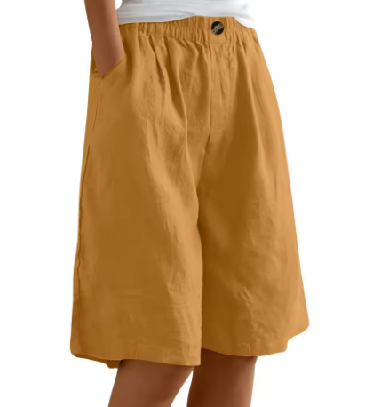 High-Waist Wide-Leg Linen-Blend Bermuda Shorts with Pockets