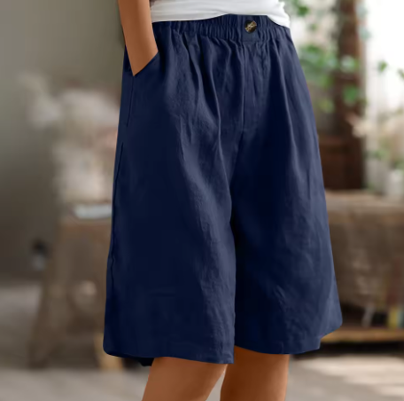 High-Waist Wide-Leg Linen-Blend Bermuda Shorts with Pockets