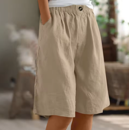 High-Waist Wide-Leg Linen-Blend Bermuda Shorts with Pockets