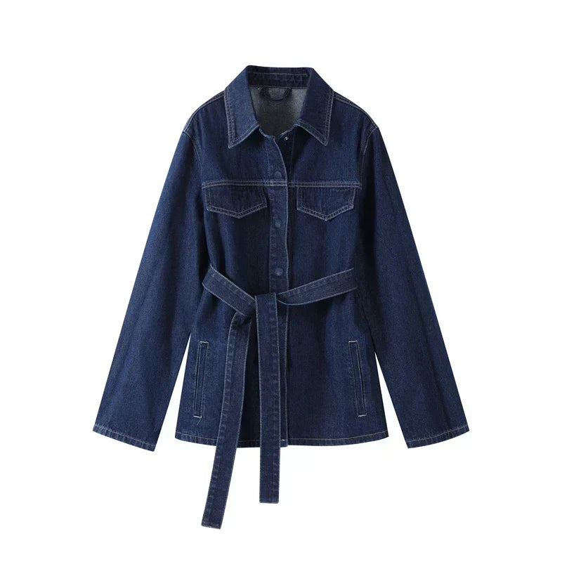 Women's Belted Denim Jacket and Wide-Leg Trousers Set