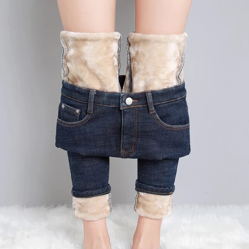 Women's Warm Fleece Lined Denim Jeans with High Waist and Stretch Fit