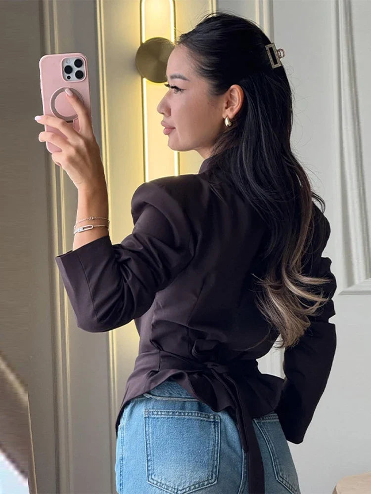 Ivory Pleated Blazer Jacket – Elegant Lace-Up Tailoring | Meave & Ivy