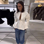 Ivory Pleated Blazer Jacket – Elegant Lace-Up Tailoring | Meave & Ivy