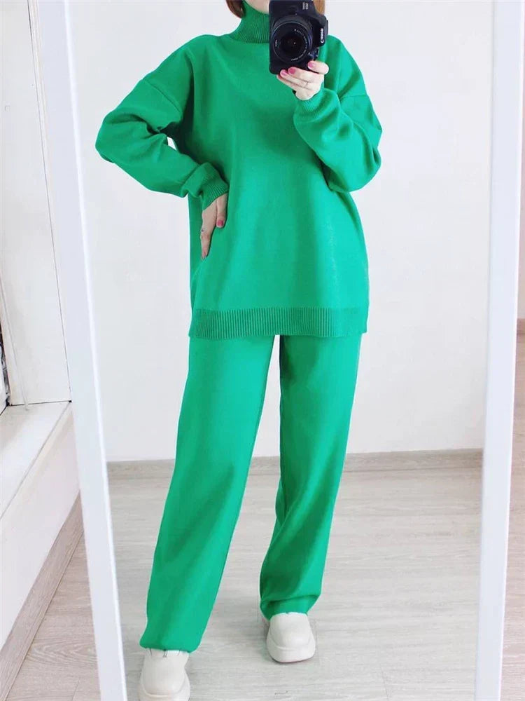 Women's High-Neck Knit Co-Ord Set – Relaxed Longline Pullover