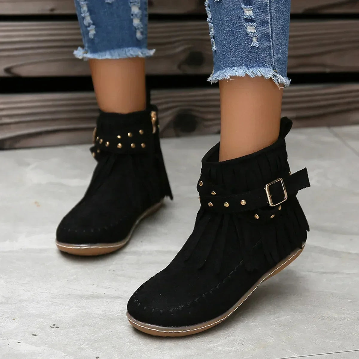 Suede Look Ankle Boots with Fringe & Studs – Western Boho Boots