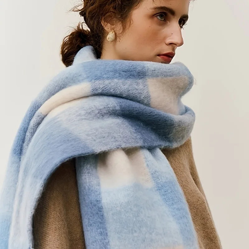 Checked Winter Scarf with Fringes – Oversized Blanket Scarf