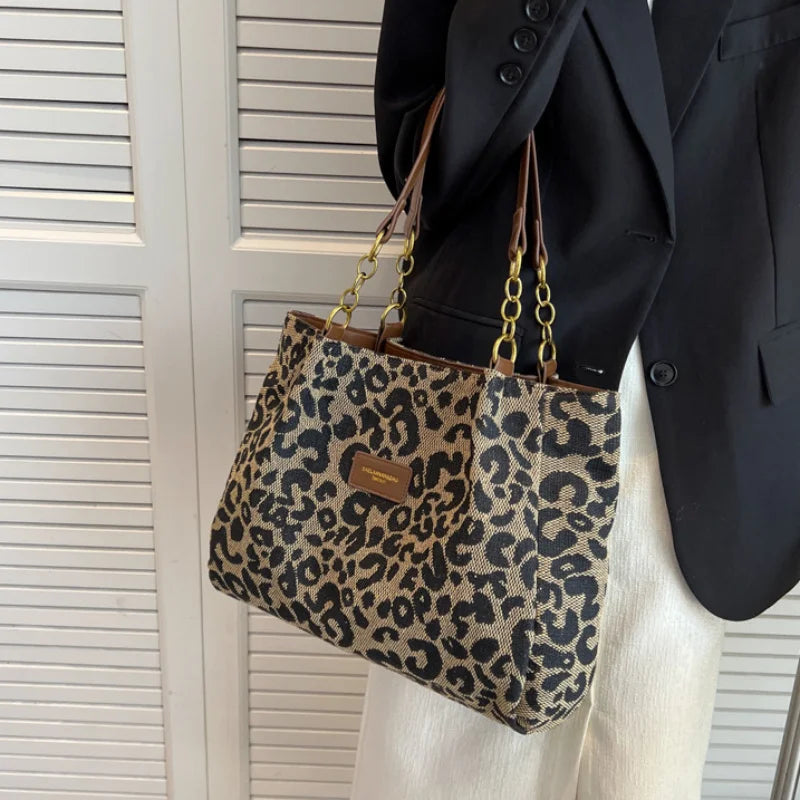 Leopard Print Canvas Tote Bag with Gold Details