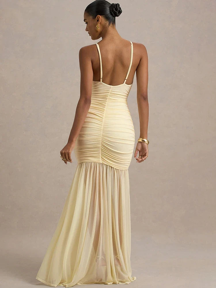 Yellow Patchwork Maxi Dress – V-Neck Backless Summer Gown | Meave & Ivy
