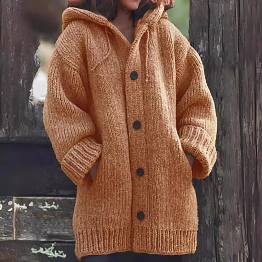Women's Chunky Knit Hooded Cardigan with Oversized Collar and Large Button