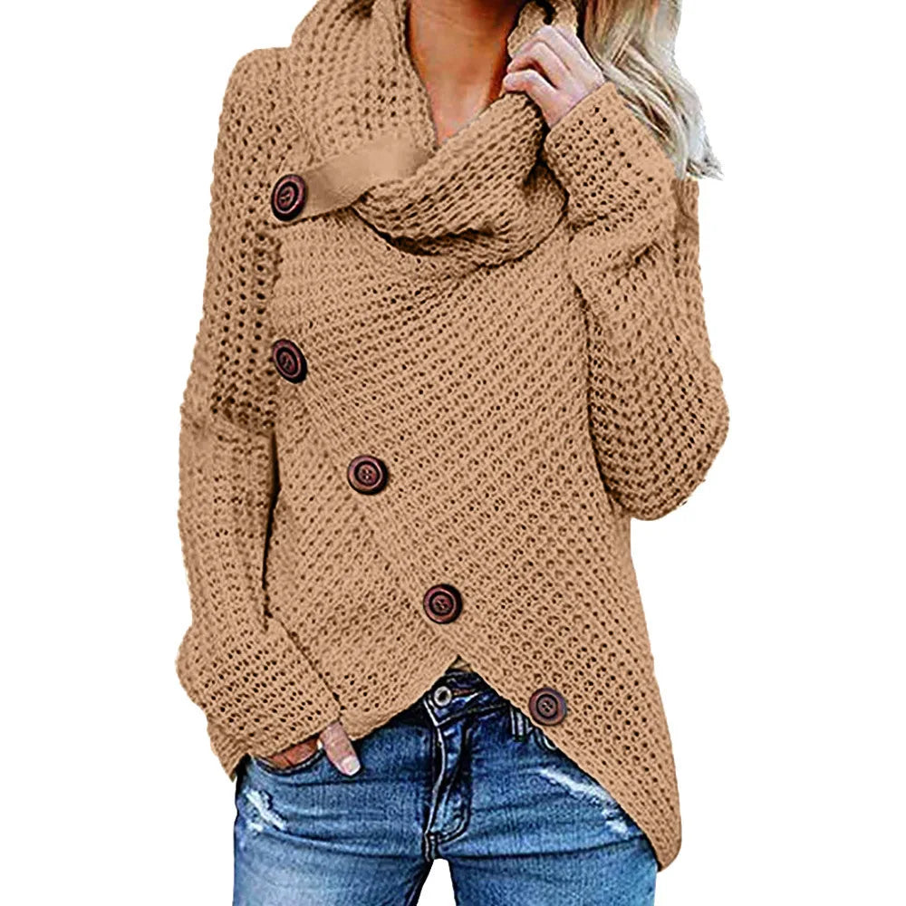 Women's Chunky Knit Turtleneck Sweater with Asymmetric Button Front
