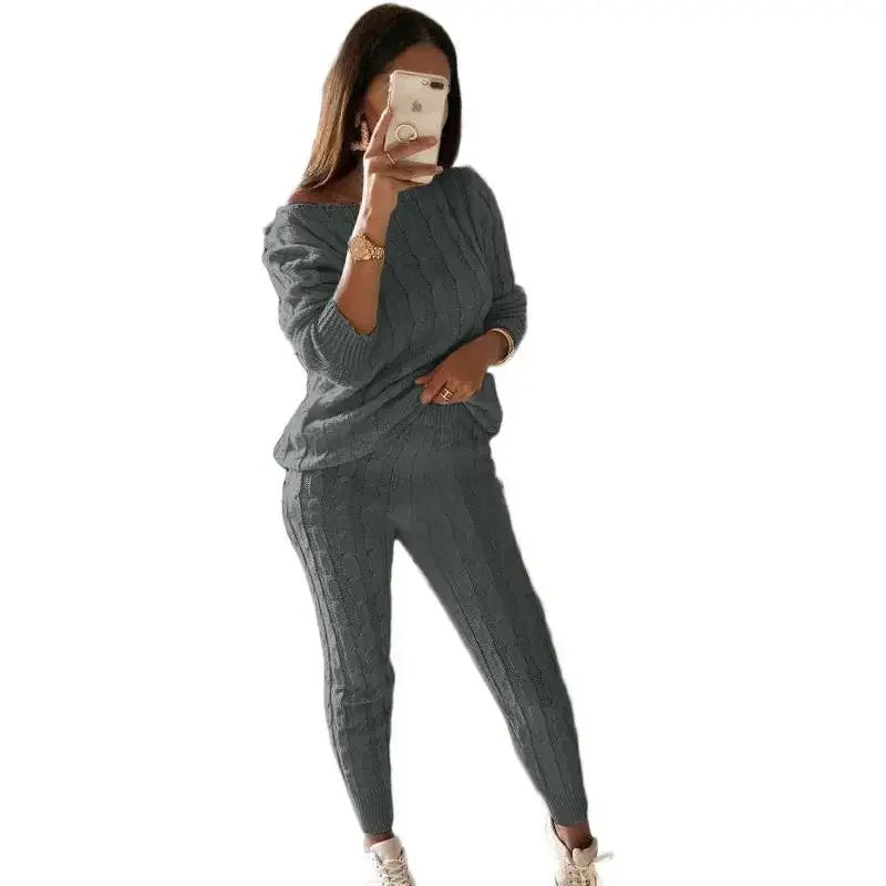 Women's Cable Knit Jumper and Jogger Set with Wide Neckline