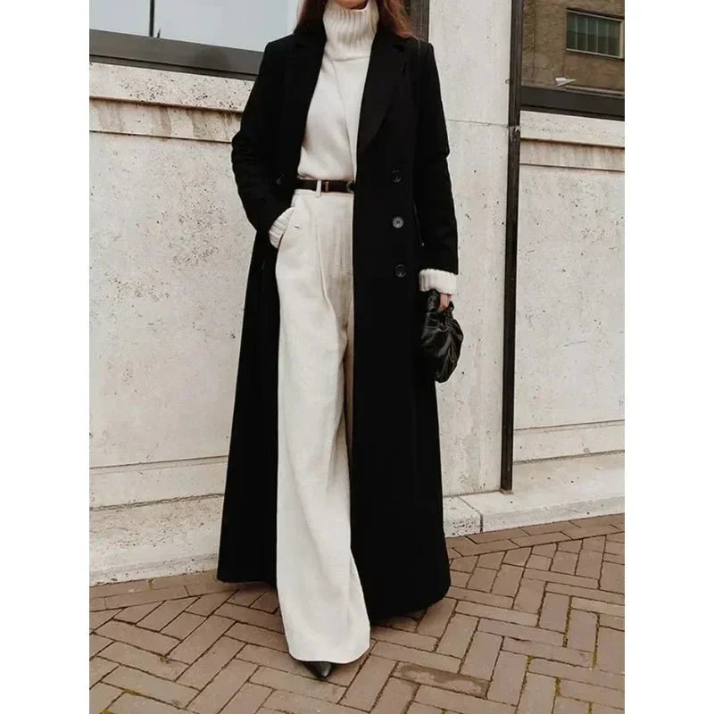Women's Elegant Double-Breasted Longline Coat with Wide Notch Lapels