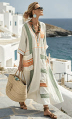 Linen Kaftan Maxi Dress – Striped V-Neck Casual Dress | Meave & Ivy