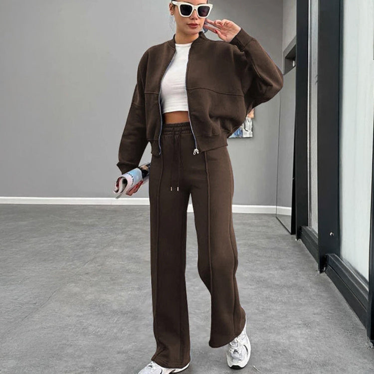 Women's Two-Piece Tracksuit Set with Cropped Zip-Up Bomber Jacket