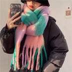 Checked Winter Scarf with Fringes – Oversized Blanket Scarf