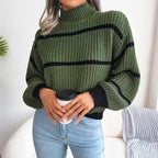 Women's Striped Knitted Sweater with Ribbed High Neck and Contrast Cuffs