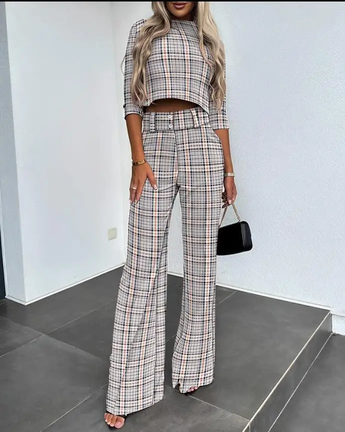 Women's Elegant Cropped Three Quarter Sleeve Top and High Waisted Wide Leg