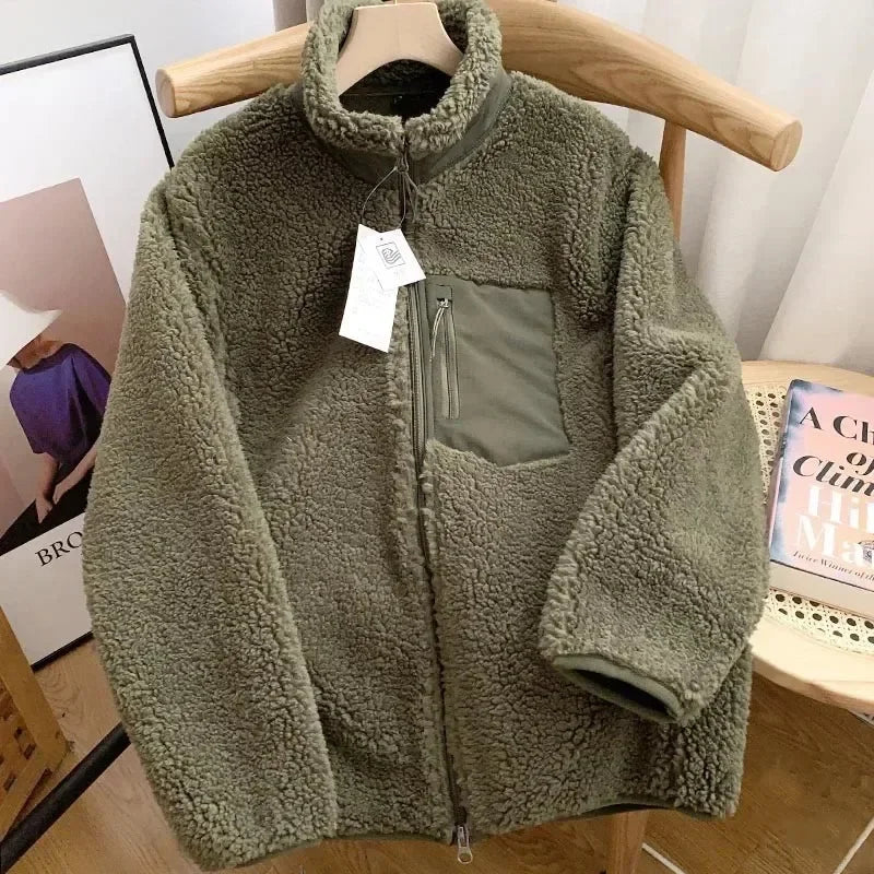 Teddy Coat with High Collar & Zip Pocket – Minimalist Warm Teddy Jacket