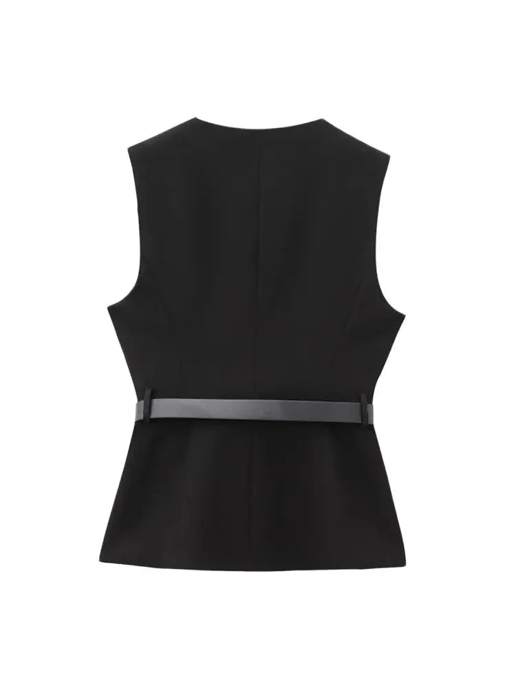 Gold Button Longline Waistcoat – Belted Statement Vest | Meave & Ivy
