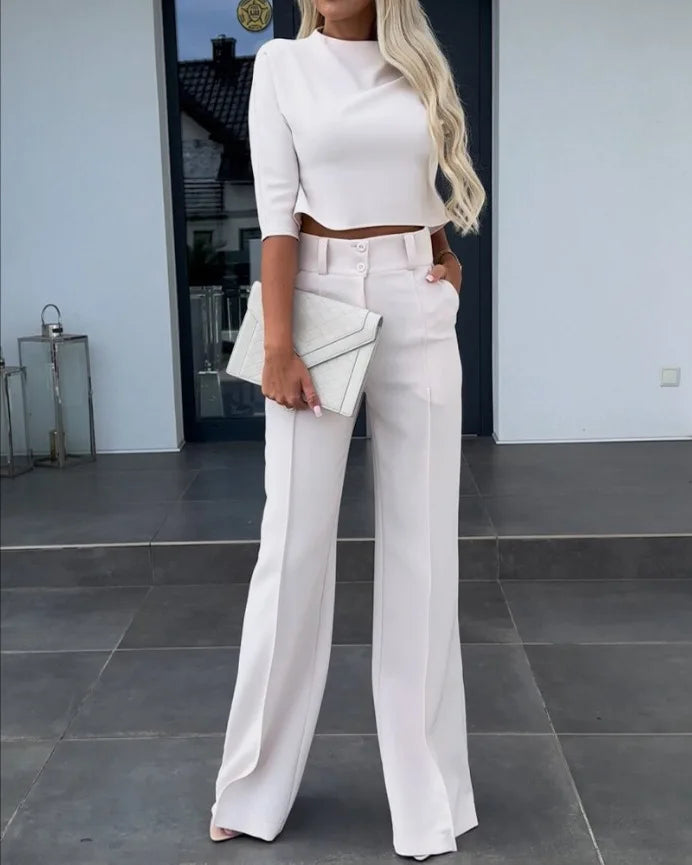 Women's Elegant Cropped Three Quarter Sleeve Top and High Waisted Wide Leg