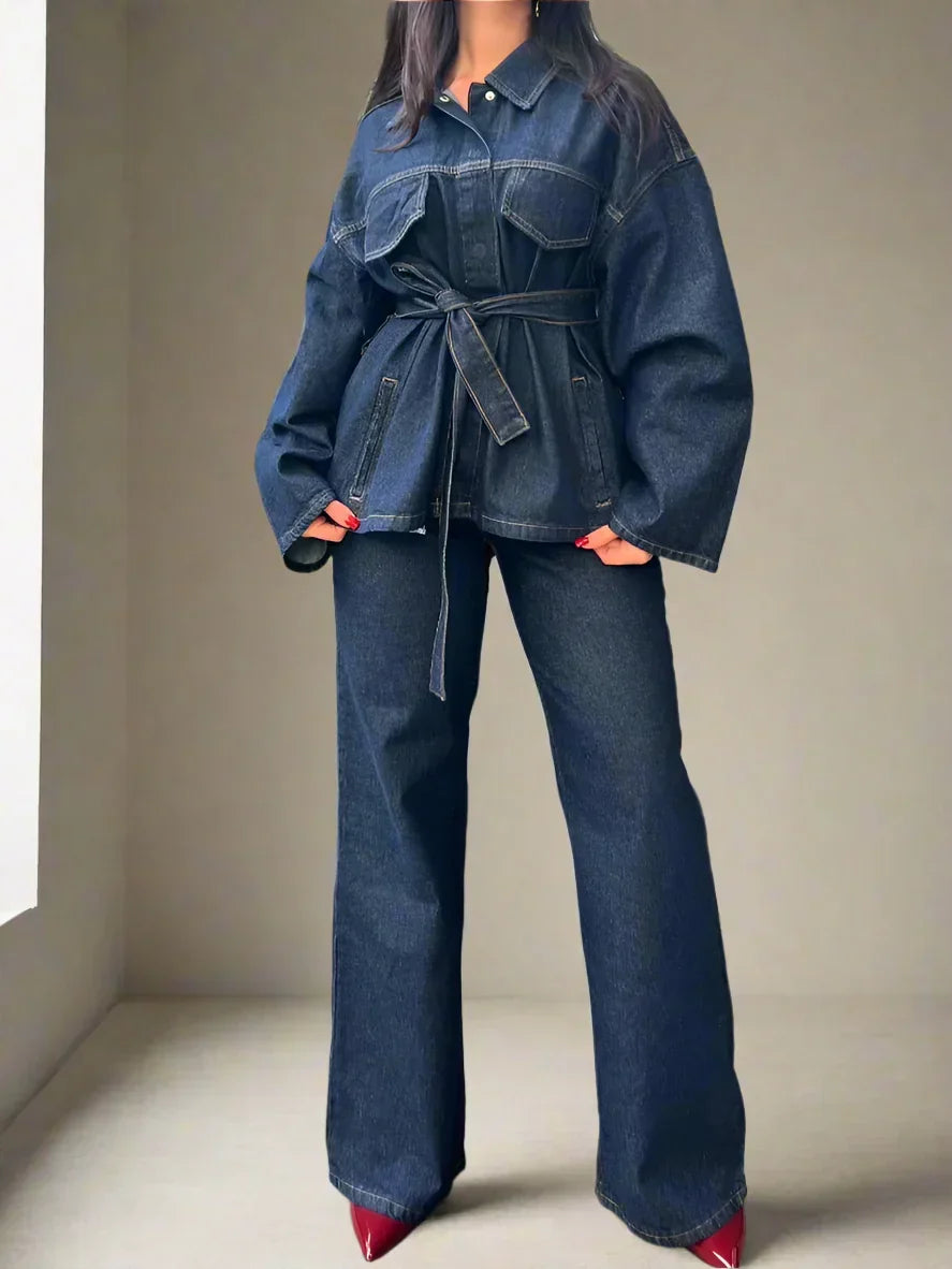 Women's Belted Denim Jacket and Wide-Leg Trousers Set