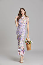 3D Floral Appliqué Wedding Guest Midi Dress