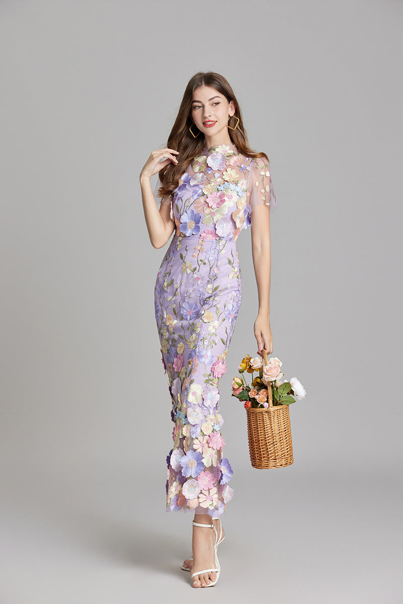 3D Floral Appliqué Wedding Guest Midi Dress