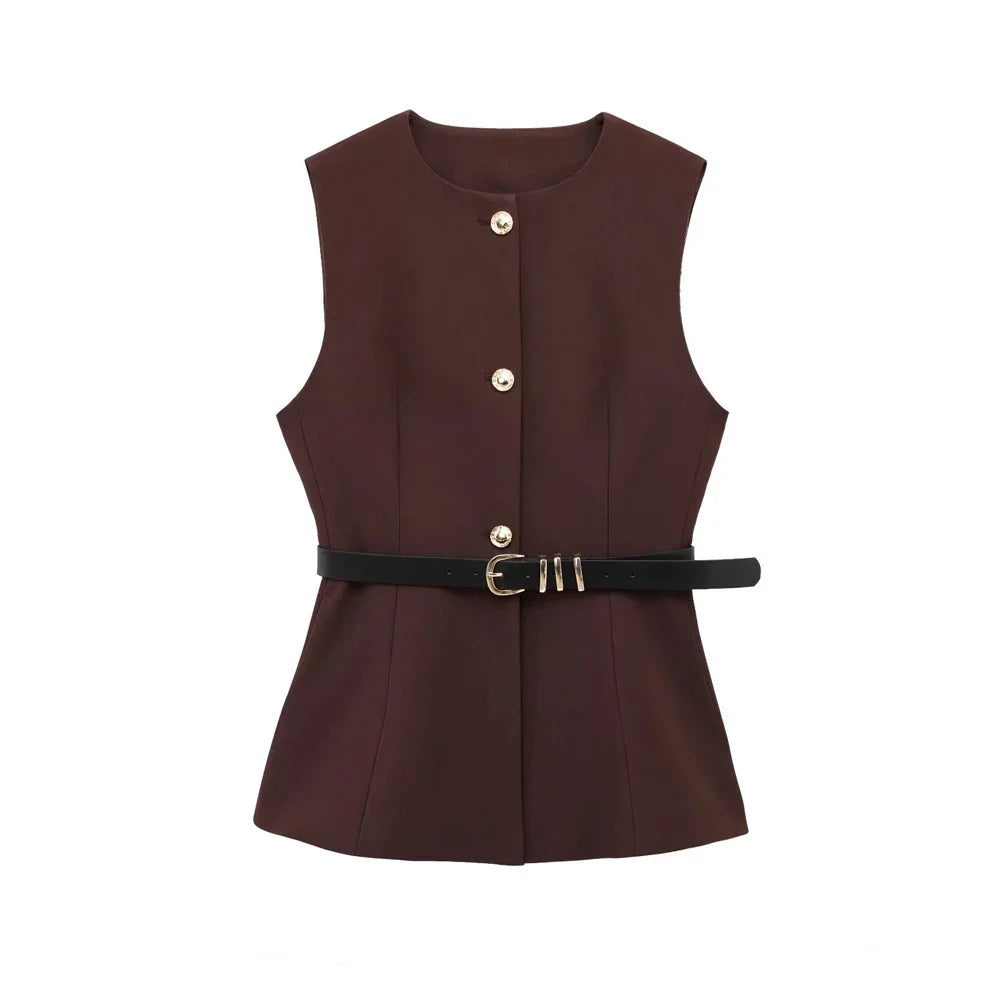 Gold Button Longline Waistcoat – Belted Statement Vest | Meave & Ivy