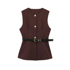 Gold Button Longline Waistcoat – Belted Statement Vest | Meave & Ivy