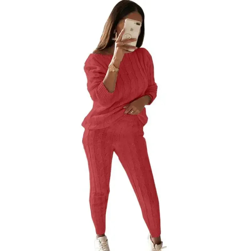Women's Cable Knit Jumper and Jogger Set with Wide Neckline