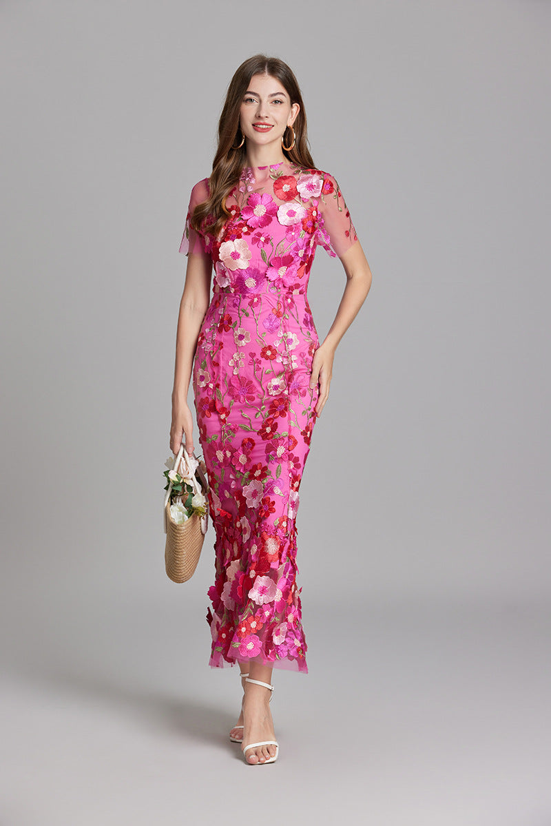 3D Floral Appliqué Wedding Guest Midi Dress