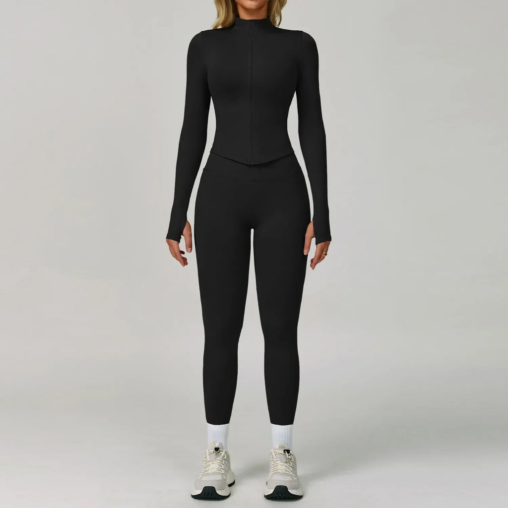 Women's Seamless Three-Piece Activewear Set with Zip-Up Jacket and High