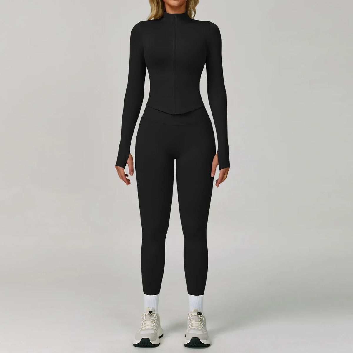 Women's Seamless Three-Piece Activewear Set with Zip-Up Jacket and High