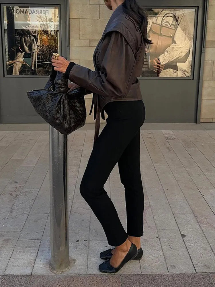 Women's Belted leather-look Jacket with Wrap Front and Structured Shoulders