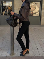 Women's Belted leather-look Jacket with Wrap Front and Structured Shoulders