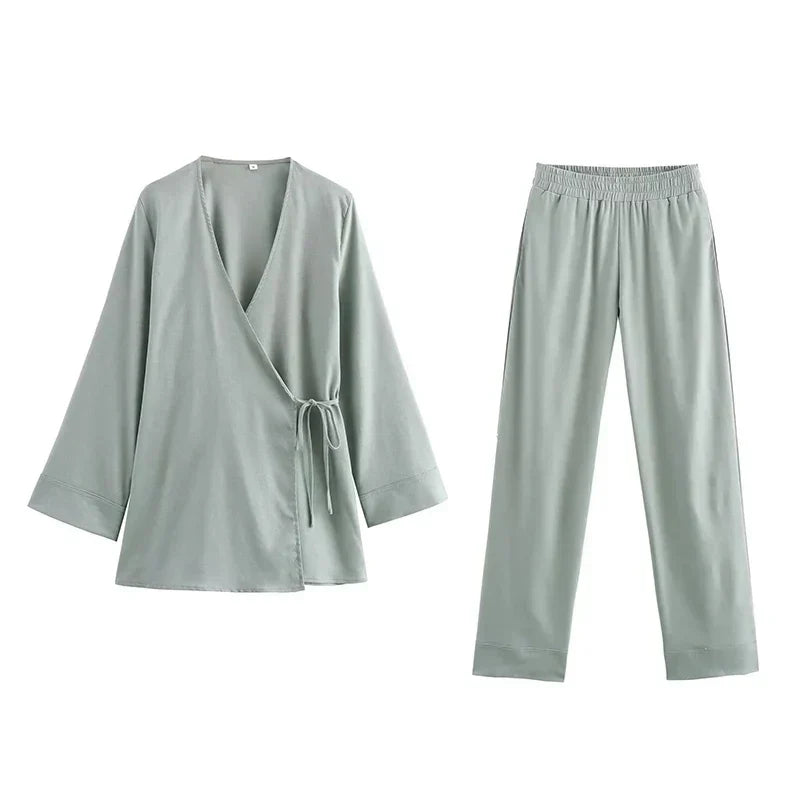 Women's linen-look Co-Ord Set – Kimono-Style Wrap Top