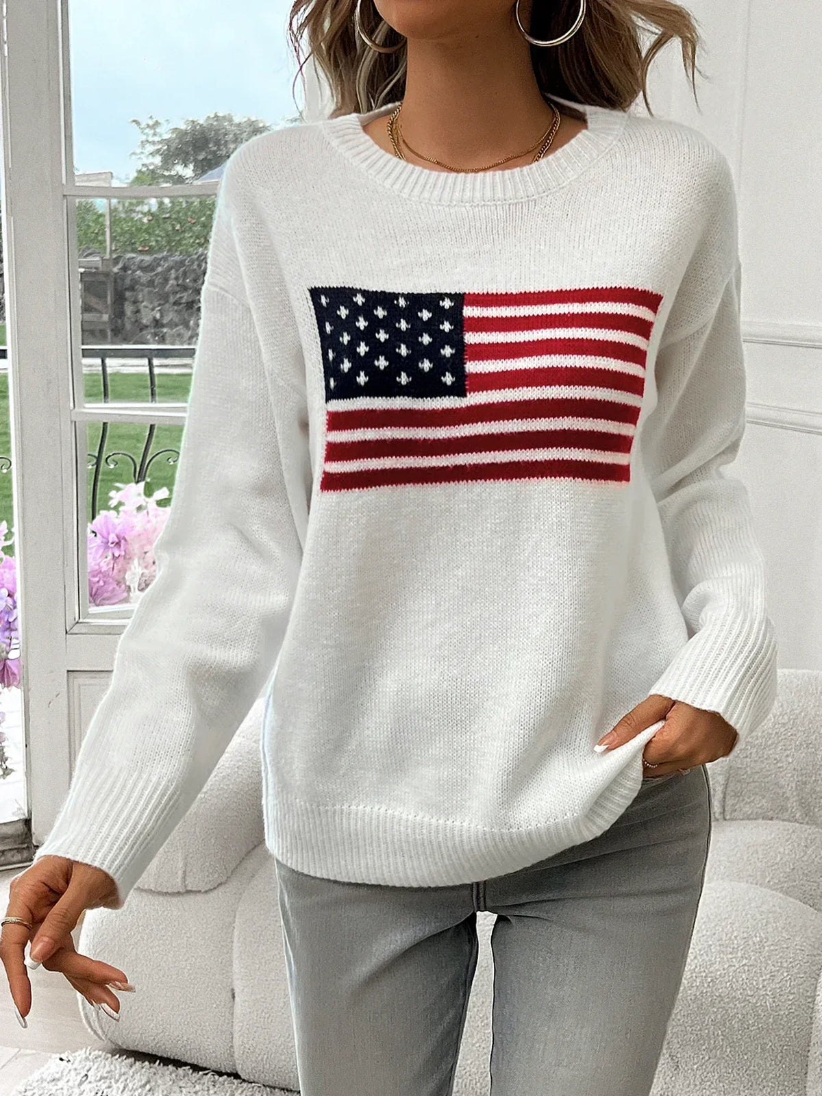 Women's American Flag Knitted Sweater – Relaxed Crew-Neck Long-Sleeve Style