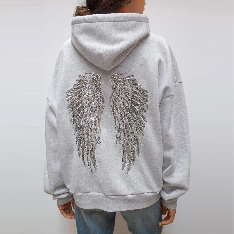 Grey Hoodie with Sequin Angel Wings – Sparkle Back Print Hoodie