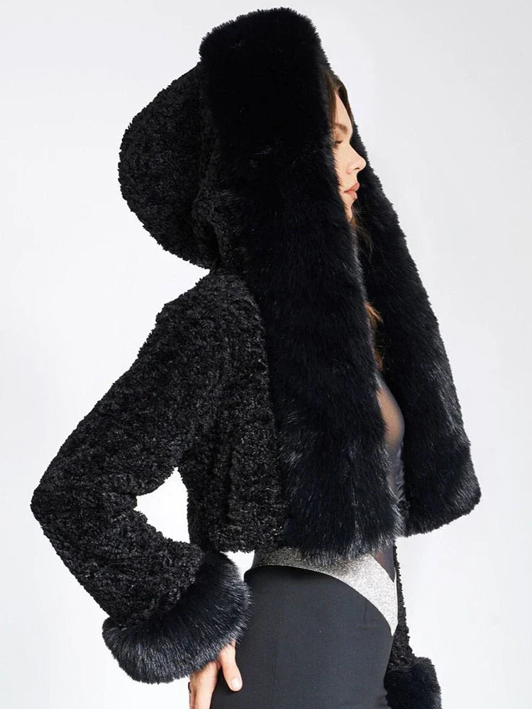 Women's Elegant Cropped Faux Fur Jacket – Plush Oversized Hood