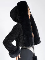 Women's Elegant Cropped Faux Fur Jacket – Plush Oversized Hood