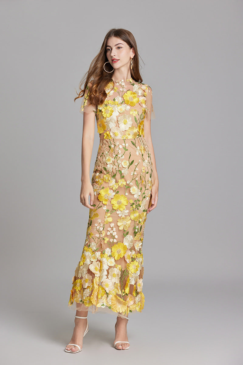 3D Floral Appliqué Wedding Guest Midi Dress