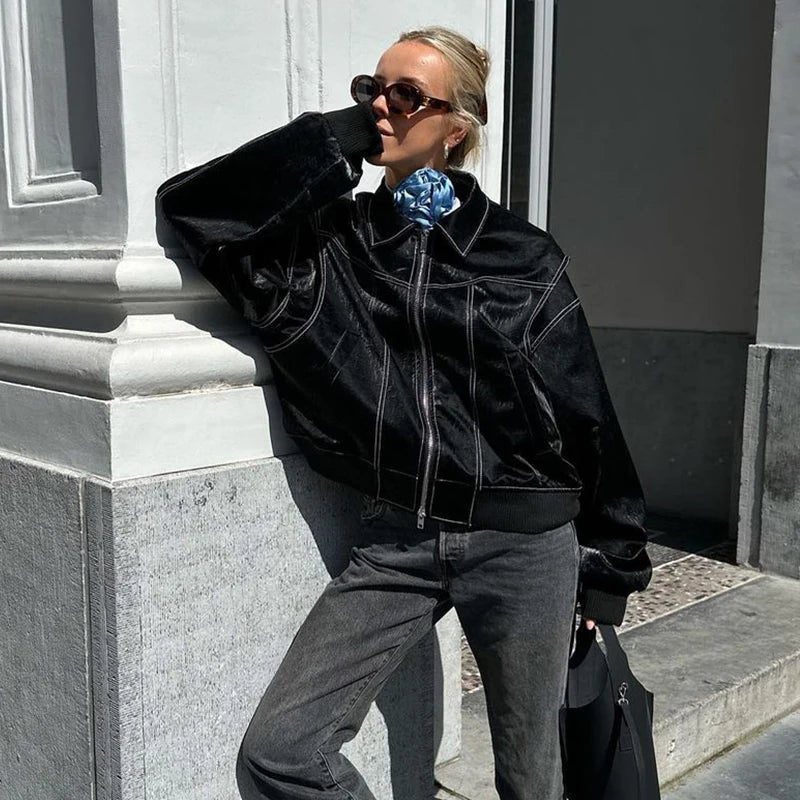 Oversized Faux Leather Jacket with Seam Details – Edgy Statement Jacket