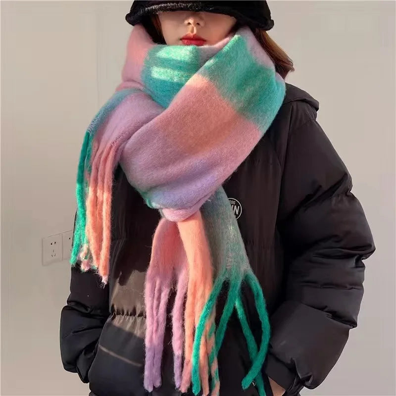 Checked Winter Scarf with Fringes – Oversized Blanket Scarf